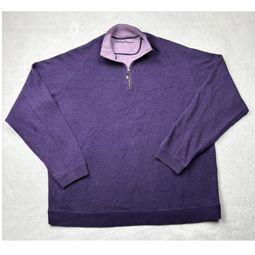 Tommy Bahama Reversible Quarter Zip Sweater Mens 3XL Purple Cotton Silk Pullover